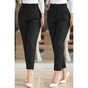 Kadın Yüksek Bel Cepli Paça Ağzı Pile Detaylı Ithal Krep Pantolon