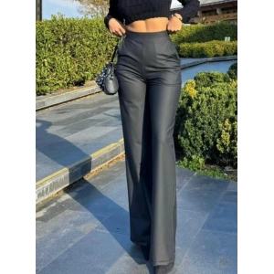 Kadın Yüksek Bel Cepli şardonlu Geniş Paçalı Mat Deri Pantolon