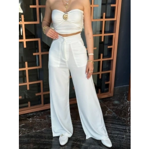 Kadın Yüksek Bel Geniş Paça Detaylı Cepli Ithal Krep Pantolon