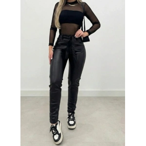 Kadın Yüksek Bel Kuşaklı Deri Pantolon