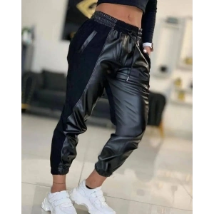 Kadın Yüksek Bel Lastikli Cepli Deri Detaylı Dalgıç Pantolon
