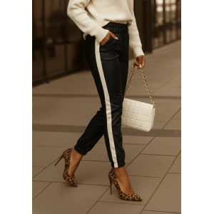 Kadın Yüksek Bel Lastikli Yan şerit Detaylı Deri Pantolon