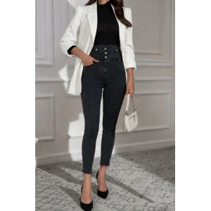 Kadın Yüksek Bel önden Düğmeli Cepli Dar Kesim Detaylı Kot Pantolon