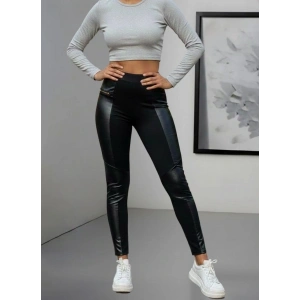 Kadın Yüksek Bel Yan şerit Deri Detay Fermuarlı Dalgıç Tayt