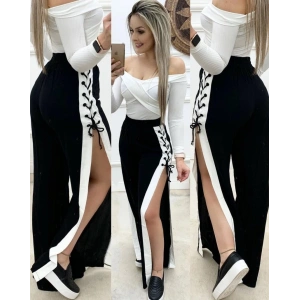 Kadın Yüksek Bel Yandan çapraz Bağcıklı Yırtmaçlı Viskon Iki Iplik Pantolon