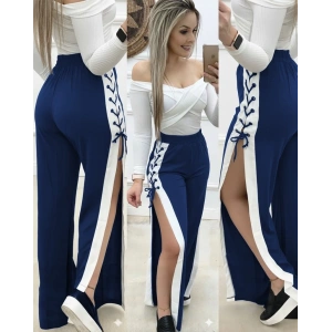 Kadın Yüksek Bel Yandan çapraz Bağcıklı Yırtmaçlı Viskon Iki Iplik Pantolon