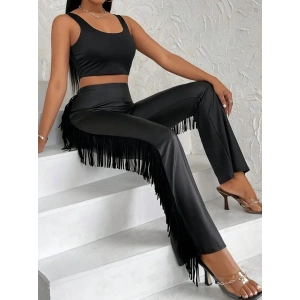 Kadın Yüksek Bel Yanlardan Püsküllü Deri Pantolon