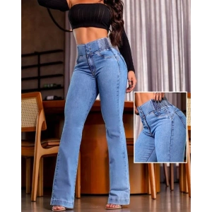 Kadın Yüksek Bel Yanları Lastik önü Düğmeli Kot Pantolon