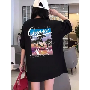 Kadınlar İçin Geniş Kesim Tişört - Kısa Kollu, Bol Kesim, Manzaralı Okyanus Baskı, Günlük Yazlık Üst, Siyah- Siyah