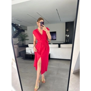 Kadınn V Yaka Düğme Detay Kuşak Dahil Elbise