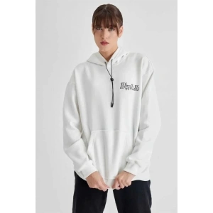 Kapüşonlu Sırt Baskılı Üç İplik Oversize Sweatshirt - Beyaz