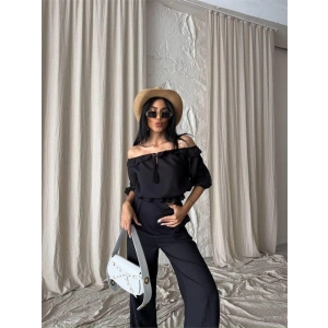 KETEN MADONNA YAKA KOL HASIR ŞERİT - PANTOLON TAKIM - Siyah