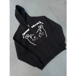 Kışlık Baskılı Fermuarlı Kapüşonlu Hırka - Siyah