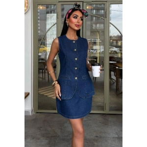 Kolsuz Yelekli Mini Etekli Denim Takım 10164