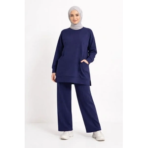 Osy Modal Yumuşak Dokulu Kumaş Tesettür Cepli Tunik Pantolon Takım - Lacivert