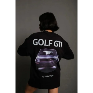 Oversize Baskılı Tişört – Golf GTI Retro Araba Desenli, Ön - Arka Dijital Baskı, Sokak Modası Stil - Siyah