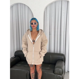 Oversize Tam Fermuarlı Uzun Kol Hırka - Bej