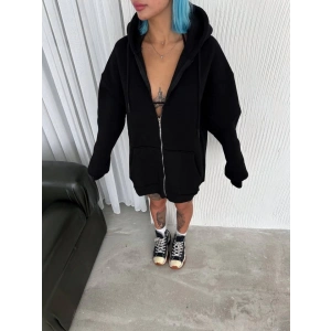 Oversize Tam Fermuarlı Uzun Kol Hırka - Siyah