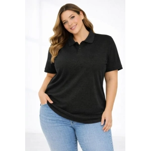 Pike Kumaş Düğmeli Yaka Battal Büyük Beden Günlük Kısa Kol Tişört T-shirt - Siyah