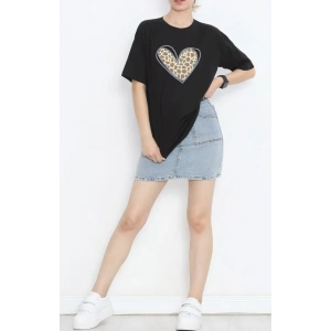 Sevgililer Günü İçin Özel Tasarım Leopar Kalp Baskılı T-shirt - Siyah