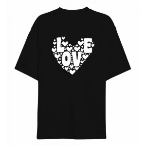 Sevgililer Günü İçin Özel Tasarım Love Kalp Baskılı T-shirt - Siyah