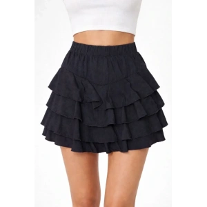 Siyah Katlı Mini Fırfıtlı Etek Lastikli Yüksel Bel, Volanlı Tasarım, Rahat Kalıp, Günlük Ve Şık Kombinelere Uygun Yazlık Etek - Siyah