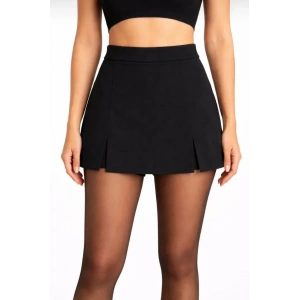 Siyah Krep Kumaş Şortlu Etek Mini Boy Yırtmaç Detaylı Yüksek Bel Günlük Şık Tasarım - Siyah