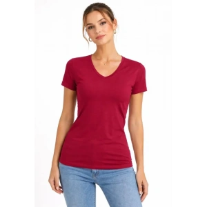 T-Shirt V Yaka Slim Fit Likralı Tişört Günlük Basic Body - Bordo