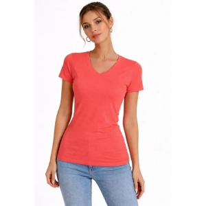T-Shirt V Yaka Slim Fit Likralı Tişört Günlük Basic Body - Nar Çiçeği
