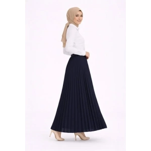 Tesettür Beyaz Gömlekli Pliseli Etek İkili Takım Gündelik Ve Ofis Şıklığı - Lacivert