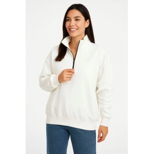 Üç İplik Dık Yaka Yarım Fermuarlı SweatShirt - Beyaz