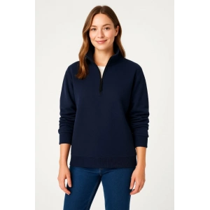 Üç İplik Dık Yaka Yarım Fermuarlı SweatShirt - Lacivert