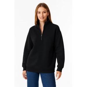 Üç İplik Dık Yaka Yarım Fermuarlı SweatShirt - Siyah