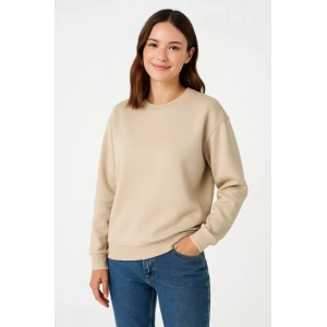 Üç İplik Düz Bisiklet Yaka SweatShirt - Bej