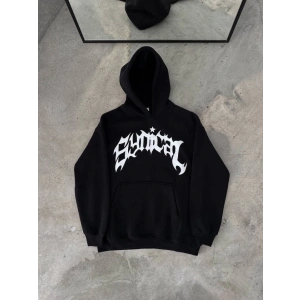 Üç İplik Kapşonlu Baskılı Oversize SweatShirt- Siyah