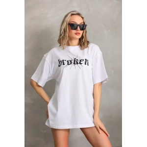 Unisex Baskılı Oversize T-Shirt - Beyaz