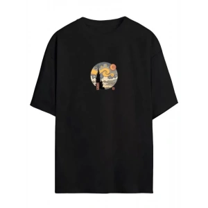 Unisex Baskılı Oversize T-Shirt - Siyah