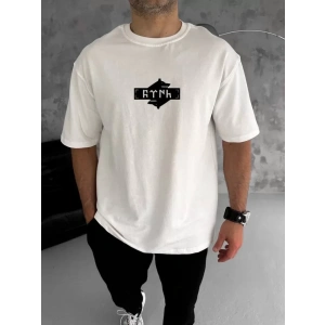 Unisex Bisiklet Yaka Baskılı Double Oversize T-Shirt - Beyaz