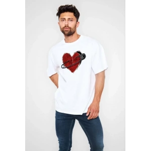Unisex Bisiklet Yaka Baskılı Oversize T-Shirt - Beyaz