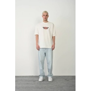 Unisex Bisiklet Yaka Baskılı Oversize T-Shirt - Beyaz