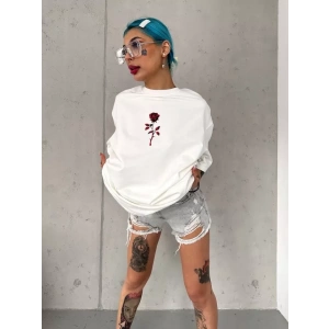 Unisex Bisiklet Yaka Baskılı Oversize T-Shirt - Beyaz