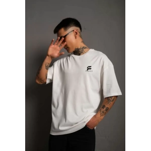 Unisex Bisiklet Yaka Baskılı Oversize T-Shirt - Beyaz