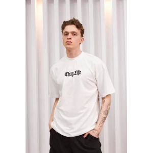 Unisex Bisiklet Yaka Baskılı Oversize T-Shirt - Beyaz