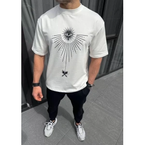 Unisex Bisiklet Yaka Baskılı Oversize T-Shirt - Beyaz