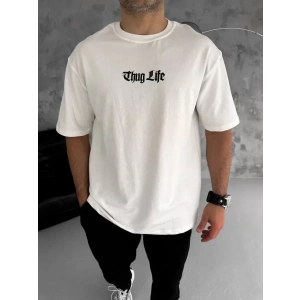 Unisex Bisiklet Yaka Baskılı Oversize T-Shirt - Beyaz