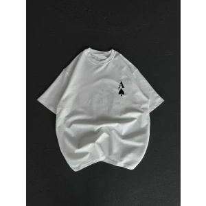 Unisex Bisiklet Yaka Baskılı Oversize T-Shirt - Beyaz