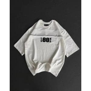 Unisex Bisiklet Yaka Baskılı Oversize T-Shirt - Beyaz