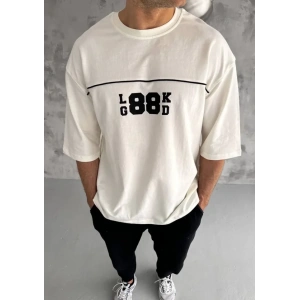 Unisex Bisiklet Yaka Baskılı Oversize T-Shirt - Beyaz