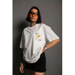 Unisex Bisiklet Yaka Baskılı Oversize T-Shirt - Beyaz