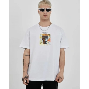 Unisex Bisiklet Yaka Baskılı Oversize T-Shirt - Beyaz